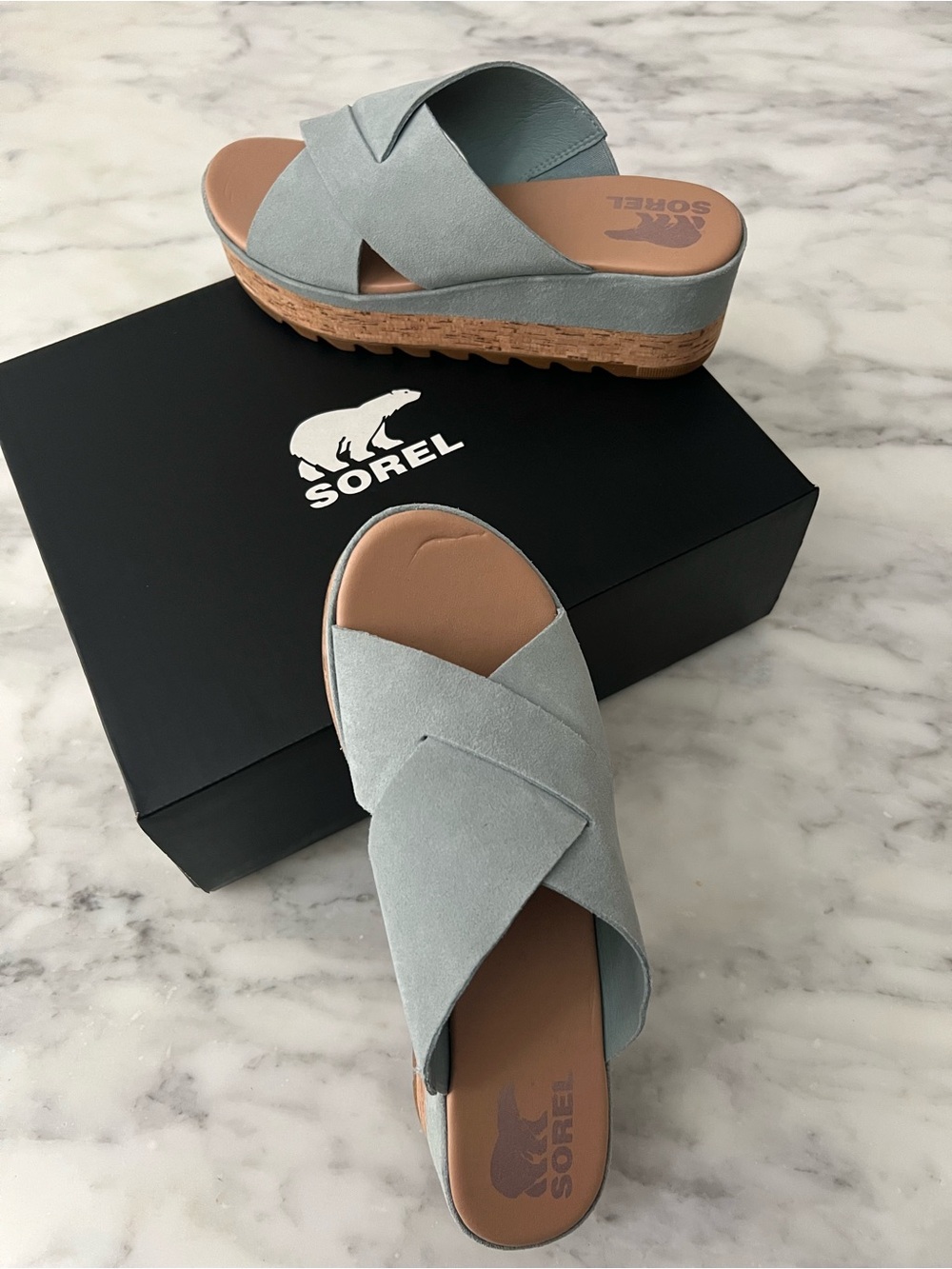 Sorel Women's Pale Blue Suede Crisscross Platform Mules